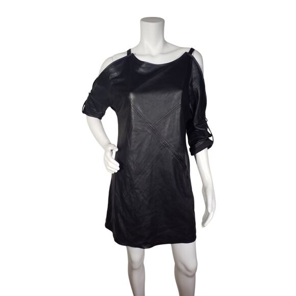 BCBG MAXAZRIA Size XS Yana Black Vegan Leather Dress Zippered Cold Shoulder - Picture 7 of 11